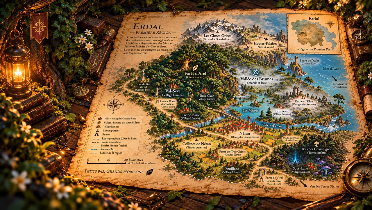 La carte officielle d'Erdal — Première région — posée sur la table du cartographe, entre lanterne, livres et boussole.